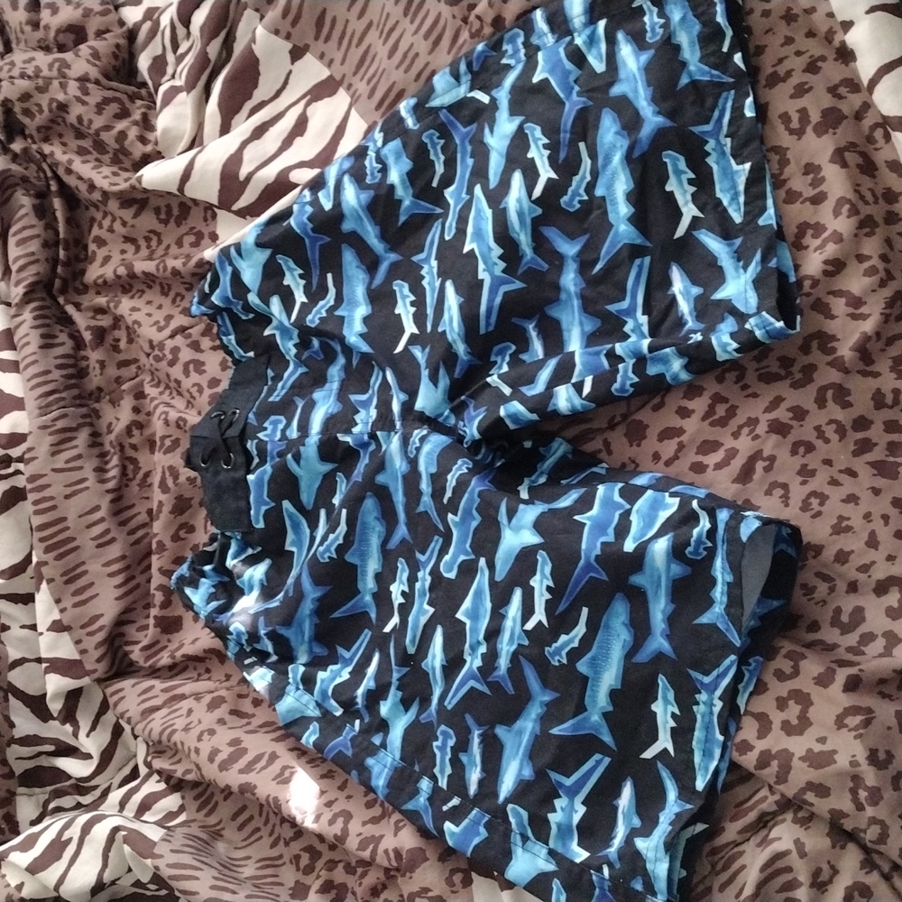 MOSSIMO BLUE SWIM TRUNKS WITH SHARKS🦈 & ONE BACK VELCRO POCKET VERY COOL